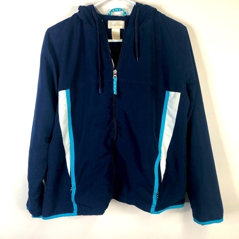Studio Works Navy blue casual athleisure hooded zip front jacket size Medium